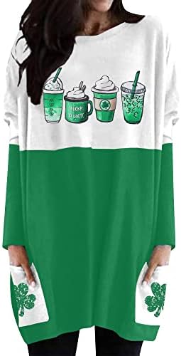 Mousya St Patrick's Day haljina košulja Žene Clover Heart Dugi rukavi Plus Plus veličine u boji Blok s džepovima