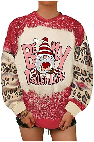 Ženska majica s printom za Valentinovo, mekani i udobni osnovni pulover s okruglim vratom s leopard printom, dukserice s spojnicama