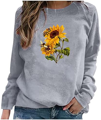 IQKA Žene dukserice s dugim rukavima vrat Suncokret SUNFOWER PRIST Grafička košulja Lagana pulover Tops Fall Bluza