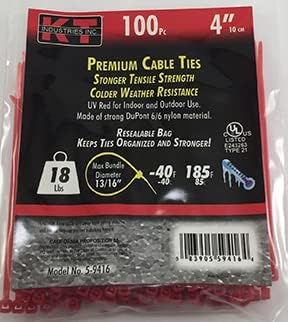 K-T INDUSTRIES 2745285 5-9416 4-inčne kablovske kravate, ultra lagana, crvena, 100-pack