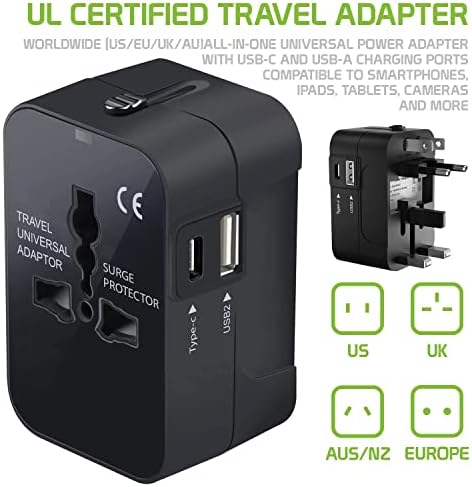 Putujte USB Plus International Power Adapter kompatibilan s Kyocera Hydro Wave za svjetsku energiju za 3 uređaja USB Typec, USB-A za