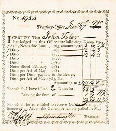 Peter Colt potpisao je dokument Ureda državne riznice Connecticut, datiran 1789-90-ih