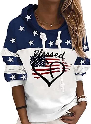 SIVLANA Ženska američka zastava blagoslovljena dukserica, ležerni prugasti print pulover zip američki patriotski pulover pulover