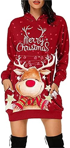 Narhbrg Sretna božićna kapuljača haljina za žene tiskane dukseve dukserice s dugim rukavima preveliki pulover pulover