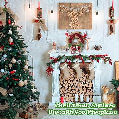 Božićni vijenac za ulazna vrata, vijenac od 14 s rogovima, božićni ukrasi, luk i borove grane, rustikalni božićni vijenac viseći dekor