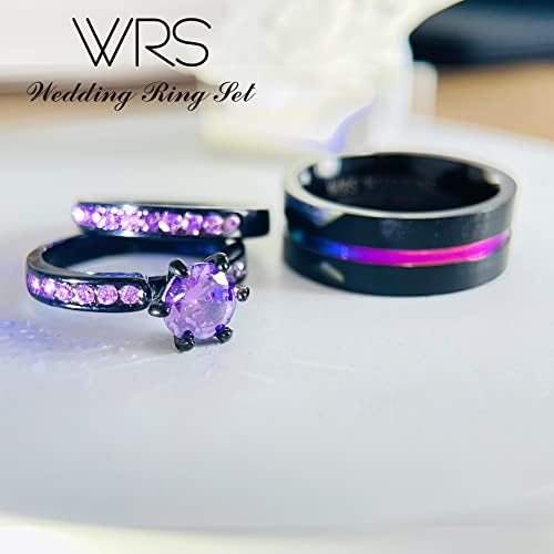 Vjenčani prsten postavio svoje svoje parove odgovarajući prstenovi Ženski crno zlato ispunjeno ljubičastim zaručničkim prstenom Bridal