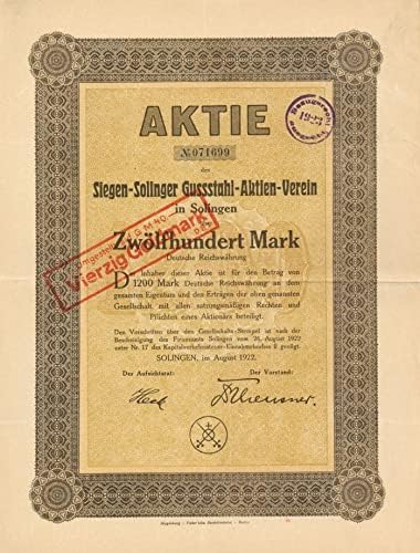 Zigen-Solinger Hussstahl-Aktien-Verein-skladišni certifikat