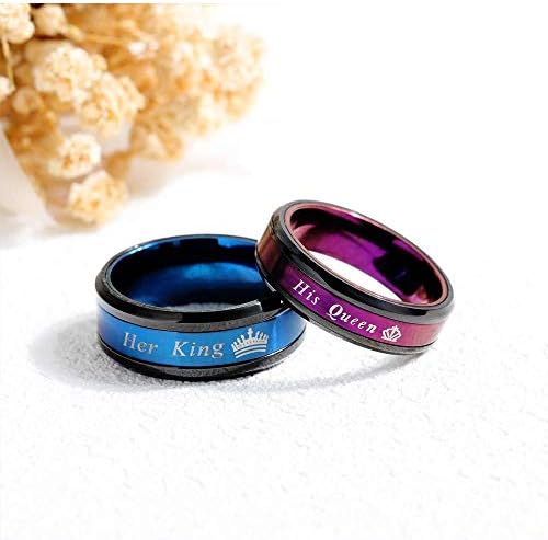 Nevjerojatni zaručnički prstenovi za parove od nehrđajućeg čelika plavi njezin kralj/ ljubičasti njegova kraljica, prstenovi za godišnjicu