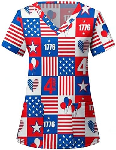 Bluza za žene 4. srpnja ljetne majice kratkih rukava s izrezom u obliku slova u, 2 džepa, radna odjeća s američkom zastavom, svečana