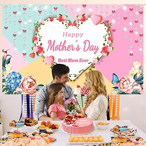 Pozadina natpisa Sretan Majčin dan, 92,44 inča, ukrasi za Majčin dan, ružičasti cvijet, ljubavno srce, pozadina za ženske zabave za