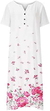 Fragarn Ljetne haljine za žene, ženska haljina gumb cvjetni džep kratke rukave v vrat casual labava haljina
