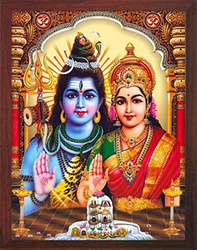 Trgovina rukotvorina Shiva i Parvati daju blagoslove ispred Shivlinga, slika plakata s okvirom za hinduističke vjerske bogoslužje svrhe