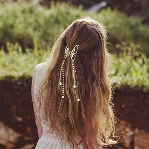 Chanzet Zlatni leptir za kosu kopče za kosu s lancem od bisera 2pcs, metalni leptir kopče za kosu stezaljke za ukrašavanje rinestona