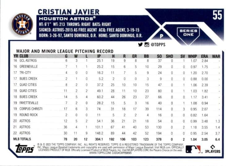 2023 Topps Cristian Javier 55 nm u blizini Mint Houston Astros