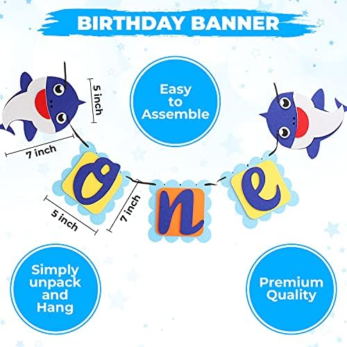 1. rođendanski ukras za dječaka, plavi dječji morski pas i baloni od folije od 1. poklopca za tortu, natpis za rođendansku zabavu za