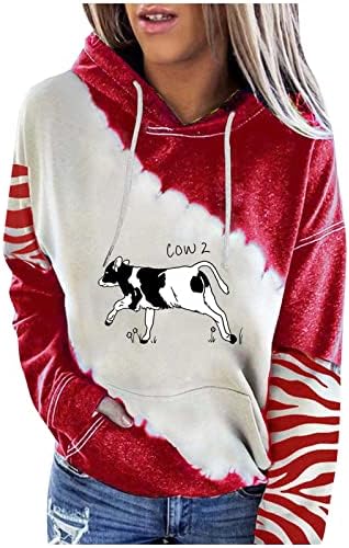 Krave kapuljače dukserice, žene slatke kravlje majice za tisak patchwork dugi rukavi ležerni crtač pulover tunika bluza