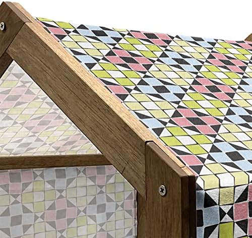 Ambasonne geometrijska drvena kuća za pse, šareni kvadrati raspoređeni u Rhombus kreativni moderni uzorak, zatvoreni i vanjski prijenosni
