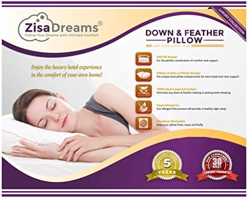Zisa Dreams Luxury Collection Down i Peraje jastuk | Hipoalergeni, dodatni potkrovlje za najbolju potporu glave/vrata, dvoslojni