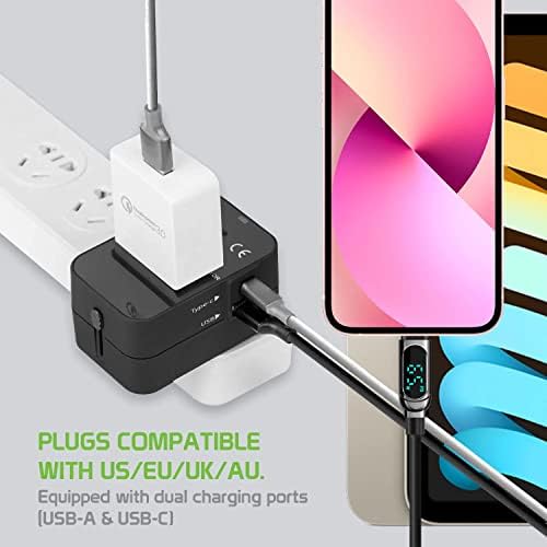 Travel USB Plus International Power Adapter kompatibilan s LG E410 za svjetsku energiju za 3 uređaja USB Typec, USB-A za putovanje
