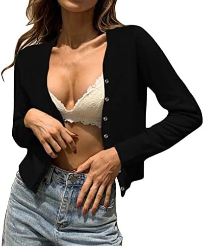 BEUU ženski v vratni džemperi s dugim rukavima vafelj pleteni obrezani vrhovi cardigans casual gumb dolje solidne majice za usjeve