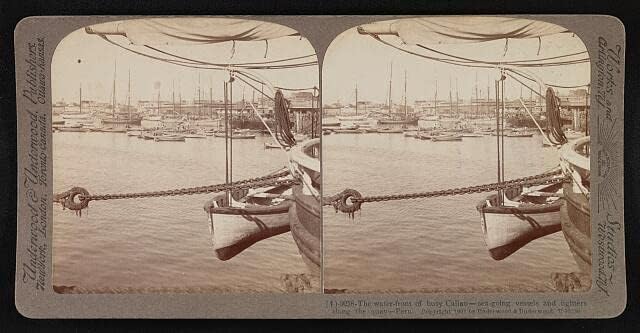 Fotografija povijesnih uvjeta: Vodena prednja strana užurbanih plovila u trajanju od kallao-mora duž Quay-Perua 1907