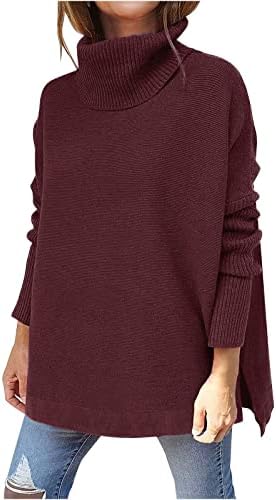 Čvrsto džemperi za žene prevelike kornjače vrat komad ugodni pleteni vrhovi bočni podijeljeni rub dugim rukavima pulover skakač
