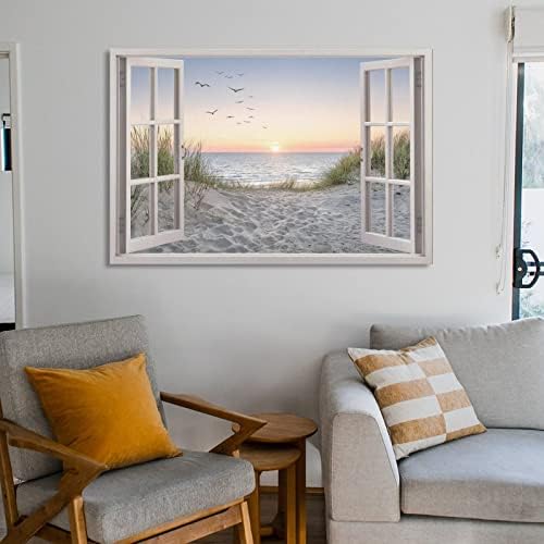 Pješčana duna plaža ptice more pejzaž, prozorski stil moderni dizajn home platna umjetnički plakat i zidna umjetnost slika tisak moderni