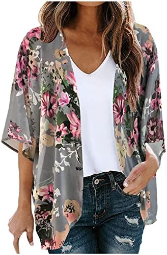 Ženski cvjetni tisak Šifon kimono kardigan 3/4 rukav labav casual prekrivanje laganih kardigans bluza bluza