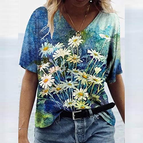 Ženske ljetne vrhove modna cvjetna majica za print casual labava plus size vrhovi cvjetovi tiskaju V vrata majice
