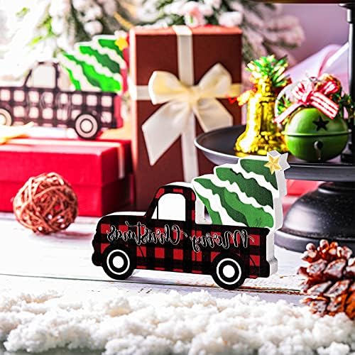 BUFFALO PLAID TRUKA Znak drveni kamion dekor rustikalni dvostruka strana Sretan božićni plaketi dekor Vintage Joy Farmhouse Ureda dekor