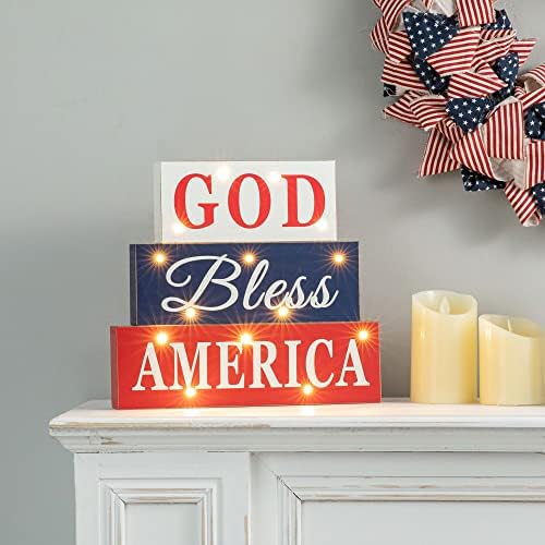 Glitzhome Patriotski američki drveni blok 11.75 H uznemireni Bog blagoslovio Ameriku Patriotsko drvo natpis Memorijalni dan Dekor Farmhouse