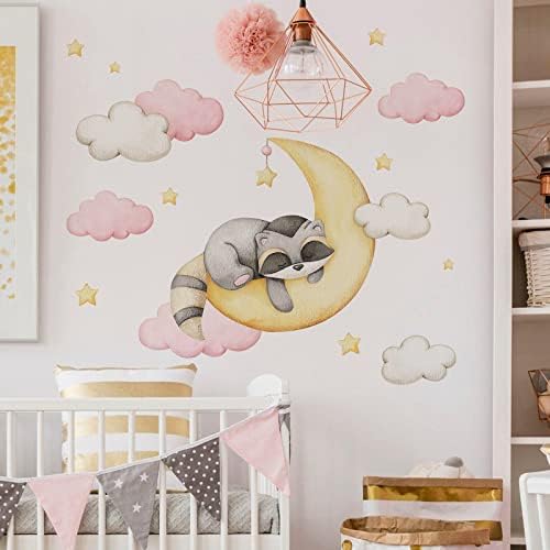 Yovkky naljepnice za bebe životinje zidne naljepnice, uspavani rakunski rasadnici djevojčice dekor dekor, akvarelne zvijezde Mjesec