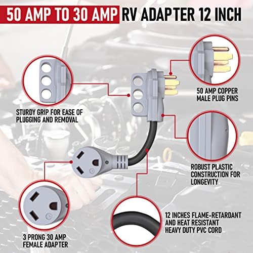 50 Amp do 30 Amp RV adapter 12 inčni - 14-50p mužjak TT -30R žensko - 125V/3750W DogBone Električni pretvarač utikača s ručicom za
