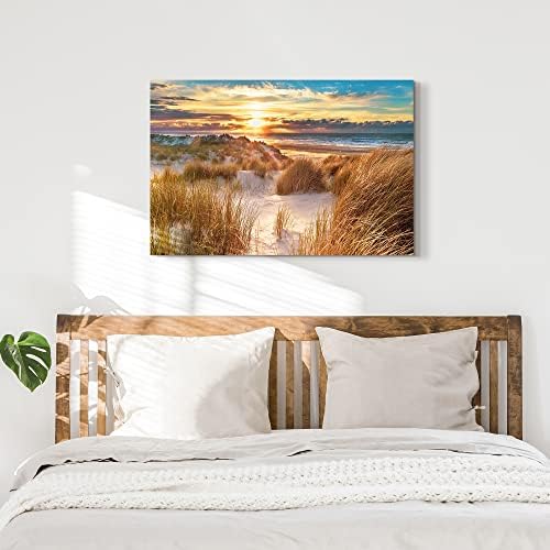 Sunset plaža platno zidna umjetnost: moderni ocean priroda pejzaž dekor tropska morska trava Scena slika Velika morska dina slika suvremena